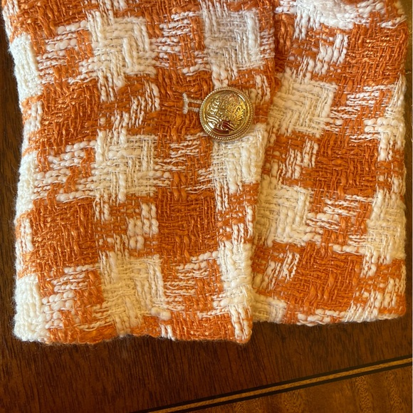 H&M Orange Ivory White Tweed Houndstooth Check Blazer Gold Crest Buttons - Picture 5 of 9